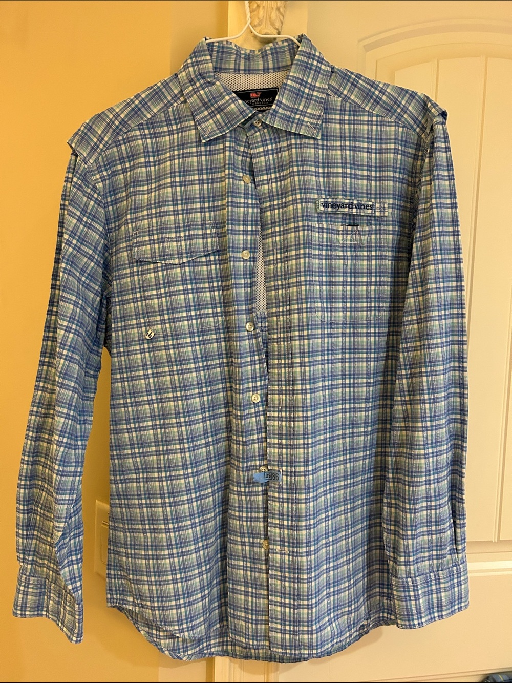 Vineyard Vines Light Blue and White Plaid Button-Down Shirt-light weight!